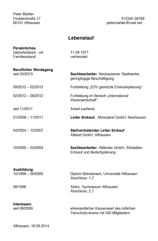 Arbeitslosigkeit Lebenslauf-Muster © karrierebibel.de